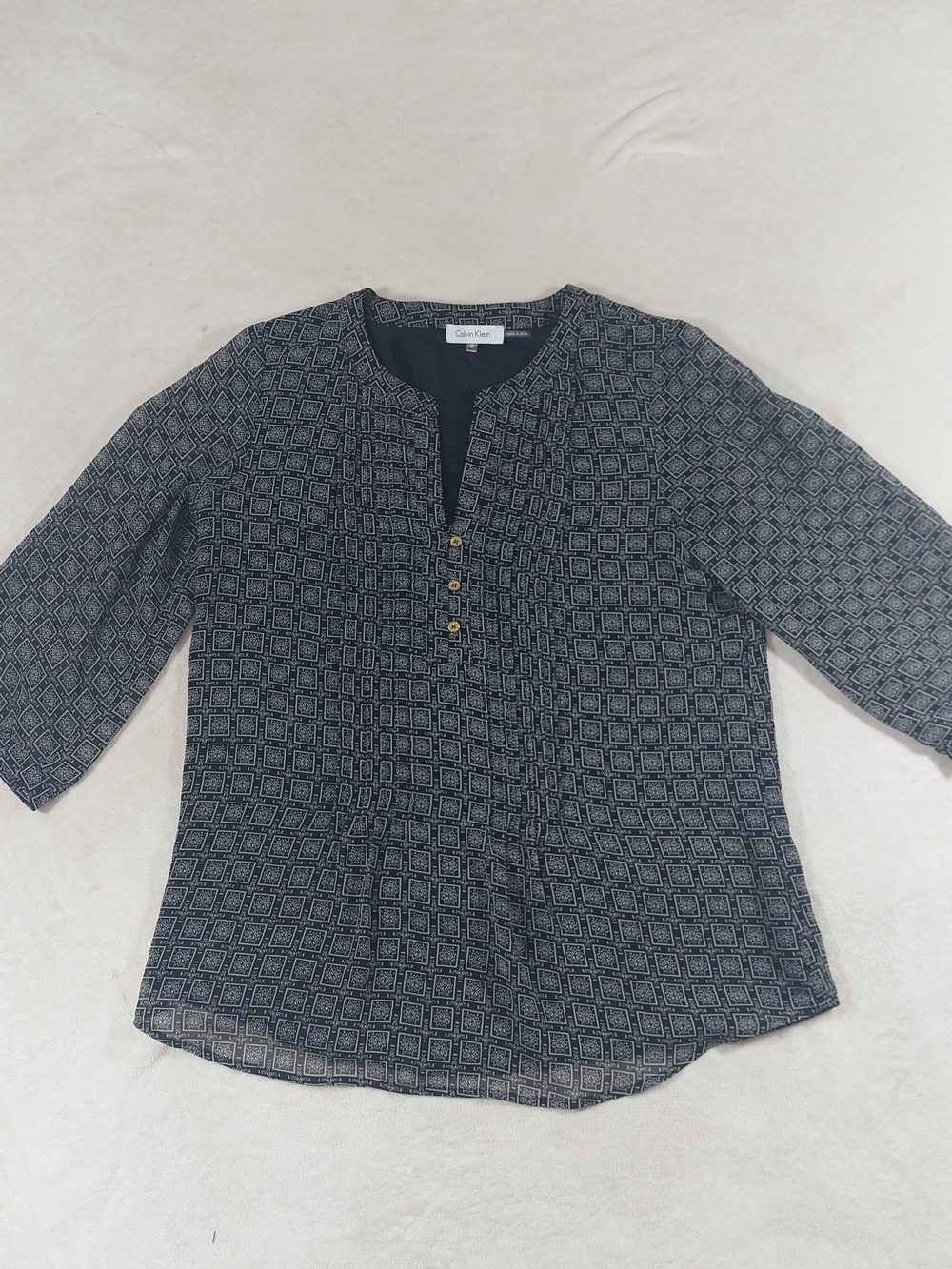 Calvin Klein Black Geometric Print Henley Blouse